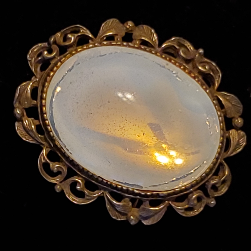 Vintage brass look oval brooch, pendant with faux white moonstone